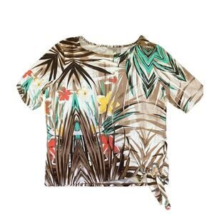 Chicos Tropical Floral Top Hawaiian Short Sleeve Side Tie Buckle 2 medium